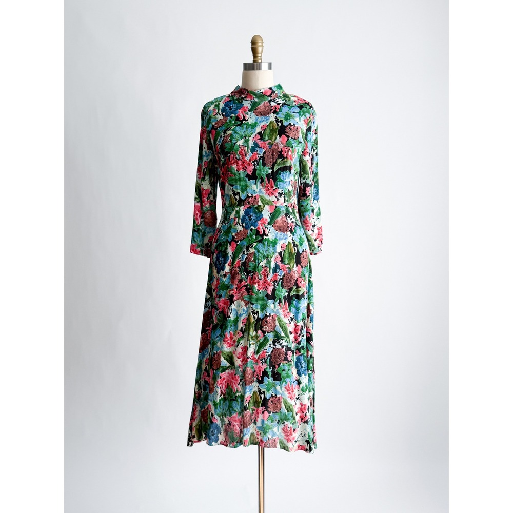 Zara Midi Dress Floral Open Tie Back Small Multicolor High Neck Long Sleeve Boho